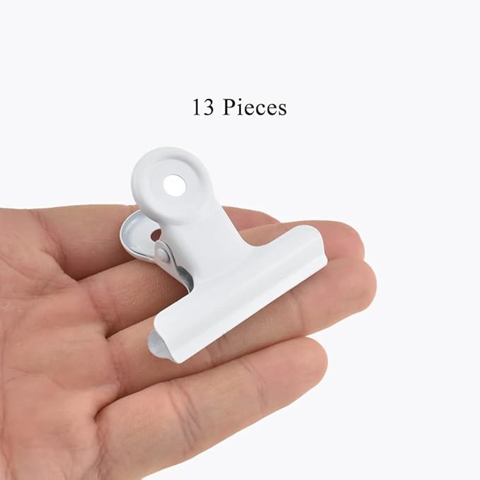 HAHIYO 2inch White Bulldog Clips Metal File Hinge Binder Clips Clamps Save Space Strong Spring Jaws Rock Solid Grip Book Lay Flat Deburred Edge for Hang Photos Wall Grid Dog Food 13PCS