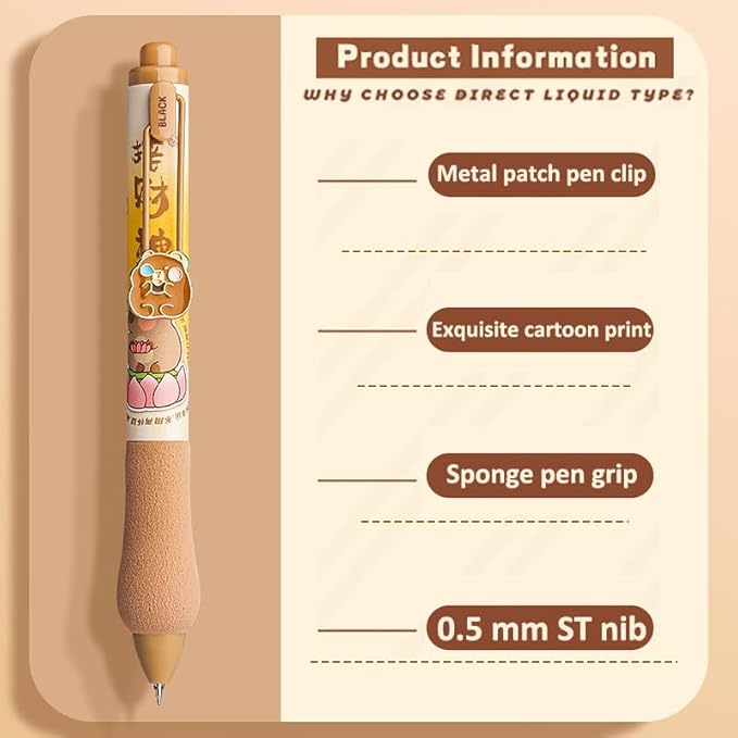 Cute Gel Pens 5Pcs Retractable Quick Dry Ink Pens 0.5mm Fine Point Black Ink Kawaii Smooth Writing Pens for School Office Supplies Aesthetic pretty pens (Cute Capybara)