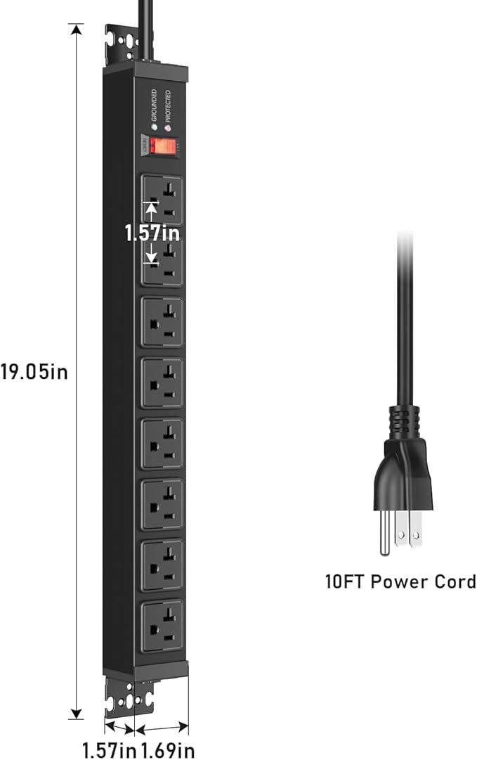 JUNNUJ 20 Amp Power Strip Heavy Duty 2 Pack, 4800J Surge Protector Metal Power Bar Multi Angle Mount, 20A Garage 8 Outlet Shop 6-20R T-Slot, 5-15P Adapter 12 Gauge Extension Cord 10ft for Appliance