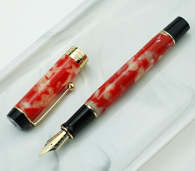 Jinhao 100 Fountain Pen Celluloid Classic Style, #6 Nib Smooth Writing Instrument with Refillable Converter and Pen Case Set