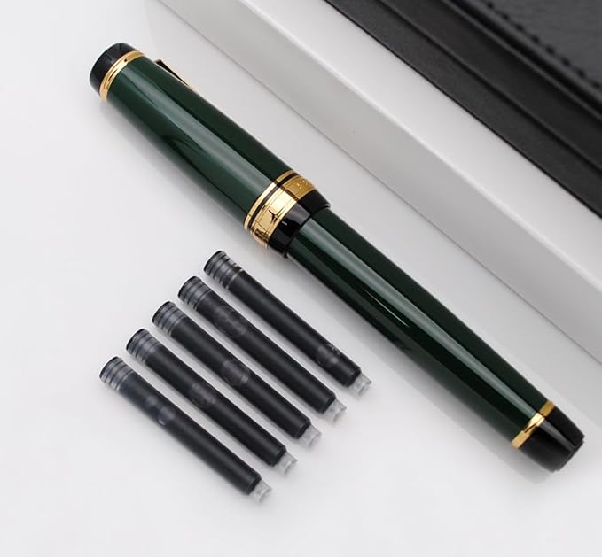 Metal Big Fountain Pen Set Medium Nib 0.7mm, Includes Ink Refill Converter, 5 Ink Cartridges & Gift Box (Medium Nib 0.7mm, Green)