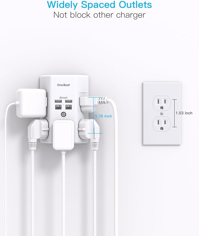 Surge Protector, 5 Outlets Extender with 4 USB Ports(USB C PD20W), 3-Side 1680J Power Strip Multi Plug Outlet Expander, USB Wall Charger, Outlet Splitter Adapter Wall Mount for Home Office(White)