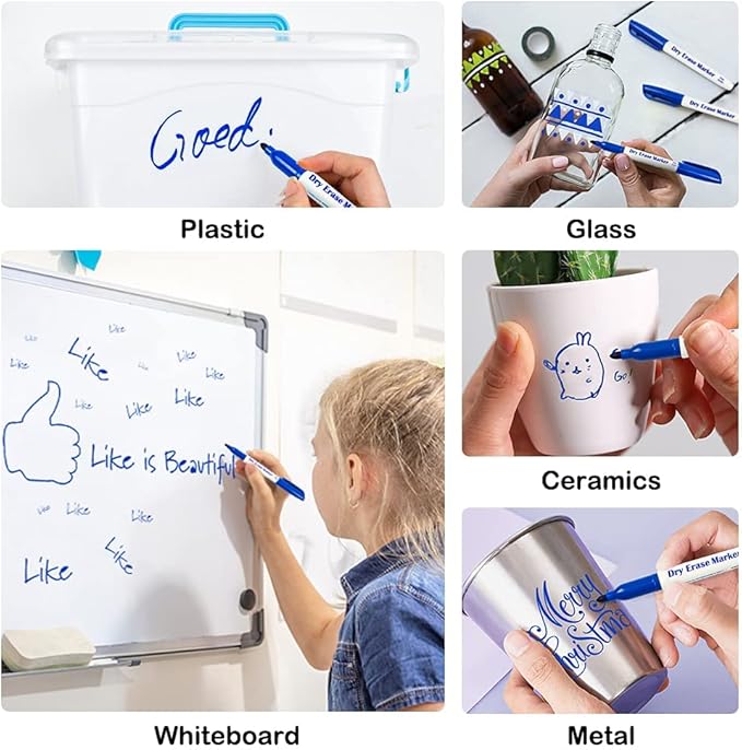 Dry Erase Markers, 100 Bulk Pack Blue Whiteboard Markers with 2 Eraser, Fine Point Dry Erase Markers Perfect For Writing on Whiteboards, Dry-Erase Boards,Mirrors for School Office Home