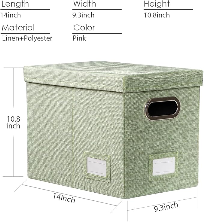 PRANDOM File Organizer Box - Set of 2 Collapsible Decorative Linen Filing Storage Hanging File Folders with Lids Office Cabinet Letter Size Green (14x9.3x10.8 inch)