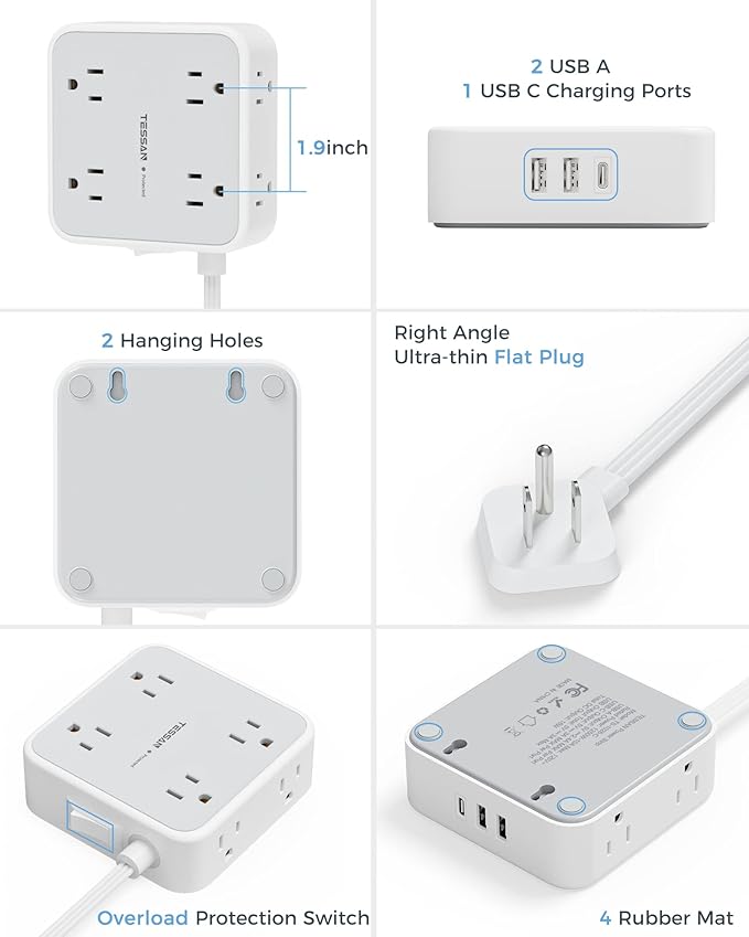 Surge Protector Flat Extension Cord Flat Plug Power Strip, 8 AC Outlets, 3 USB Charger(1 USB C Port) 3-Sided Outlet Extender, 5 Ft, 900 Joules Protection, Office Supplies, Dorm Room Essentials, Grey