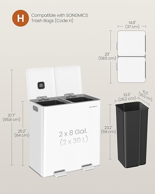 SONGMICS Trash Can, 2 x 8 Gallon (2 x 30 L) Double Garbage Can with Soft-Close Lids, Removable Inner Buckets, Pedals, Stainless Steel, for Waste and Recycling, Cloud White ULTB743W01