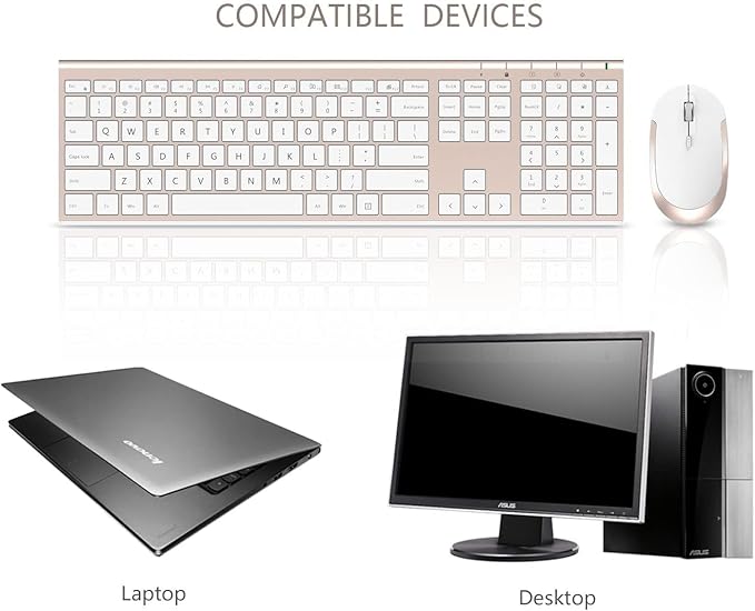 Wireless Keyboard and Mouse, Vssoplor Rechargeable Quiet Full-Size Keyboard and Mouse Combo Set Ultra Slim Design for Laptop, PC, Notebook, Desktop-White and Gold