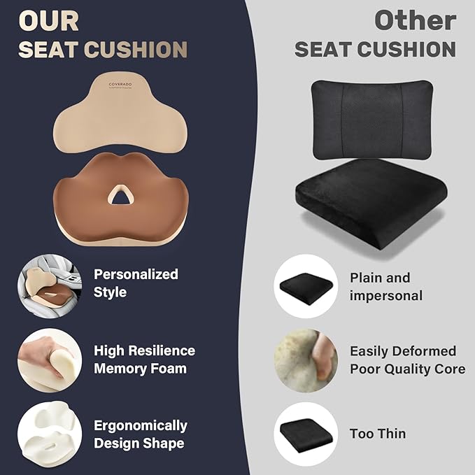 Coverado Seat Cushion and Lumbar Support Pillow for Car Office Chair, Ergonomic Memory Foam Desk Chair Cushion Back Support Pillow, Sciatica & Back & Tailbone Pain Relief Cushion-Beige