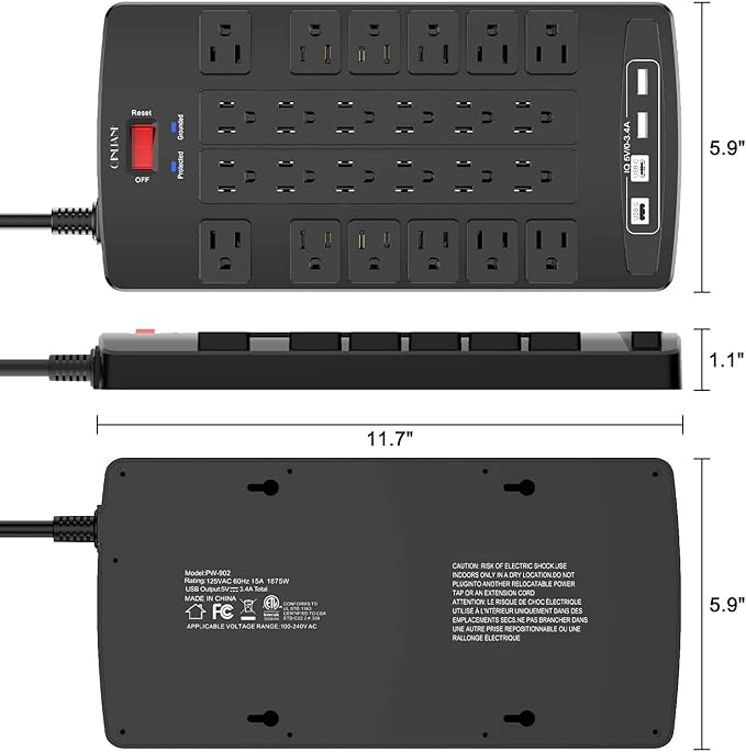 QINLIANF Surge Protector Power Strip - 6Ft Flat Plug Heavy Duty Extension Cord with 24 Outlets and 4 USB Ports(2 USB-C Ports), 1875W/15A, 4100J, for Home, Office, Dorm, ETL Listed, Black