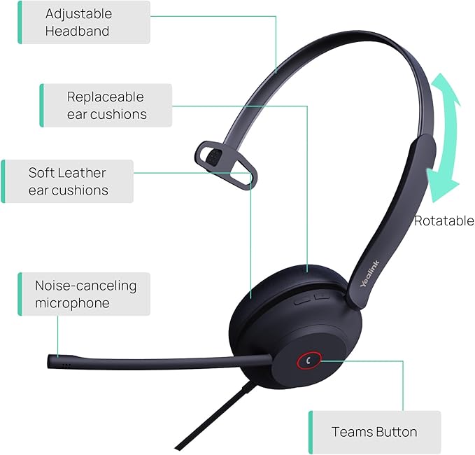 Yealink UH37 Professional USB Headset with Microphone for PC Laptop Noise Cancelling & Volume Control VoIP Skype Online Conference(USB-A)