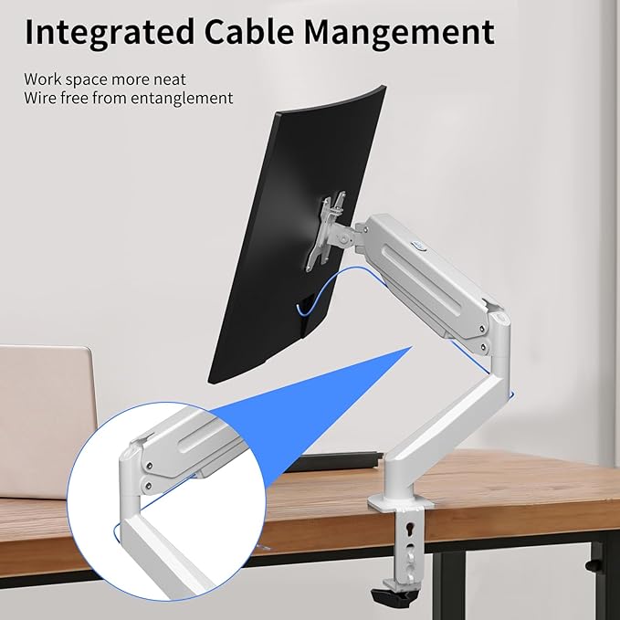 Suptek Monitor Mount Gas Spring Single Monitor Arm Desk Mount Stand Fully Adjustable Fits 17 20 22 23 24 26 27 32 inch Monitors (White)