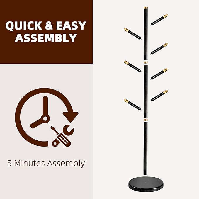 Uniclinens Coat Rack Freestanding Solid Wood Coat Tree Standing with 7 Hooks, Coat Rack Stand Creative Tree Branch-look (Black)