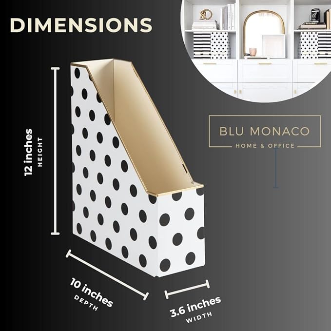 BLU MONACO Set of 4 Stylish Magazine File Boxes - 2 Black and White Stripes and 2 Polka Dots - Office Organization and Storage, Paper Organizer for Desk - Workspace and Classroom Organization
