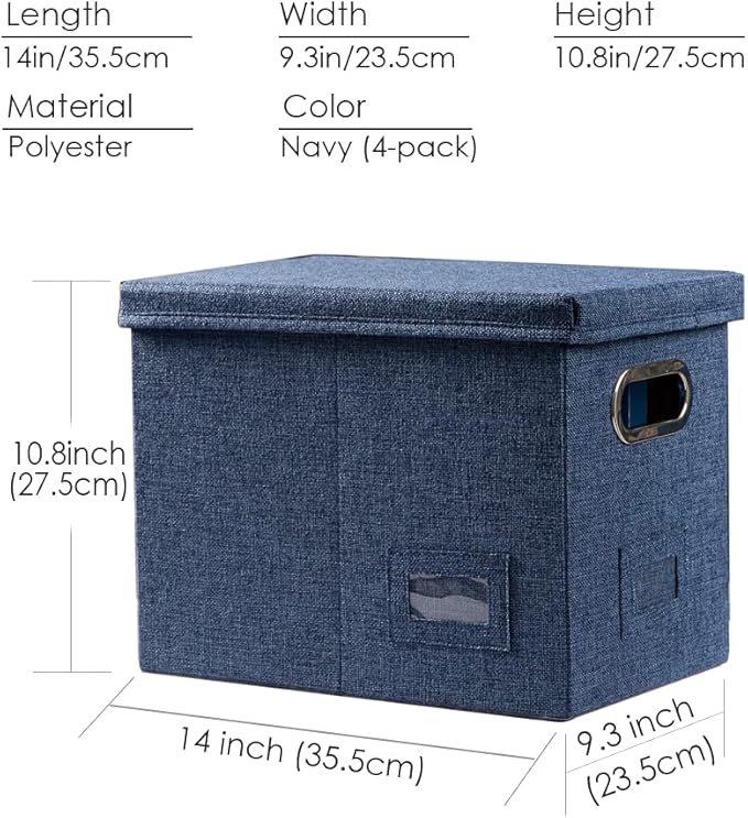 PRANDOM File Organizer Box - Set of 4 Collapsible Decorative Linen Filing Storage Hanging File Folders with Lids Office Cabinet Letter Size Navy Blue (14x9.3x10.8 inch)