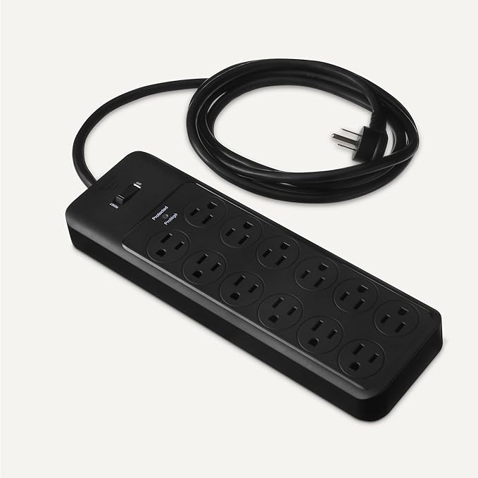 Amazon Basics Surge Protector Power Strip, 12-Outlet, 4000 Joules, 8ft Extension Cord, Rectangle, for Home, Office, Gaming Room, Black