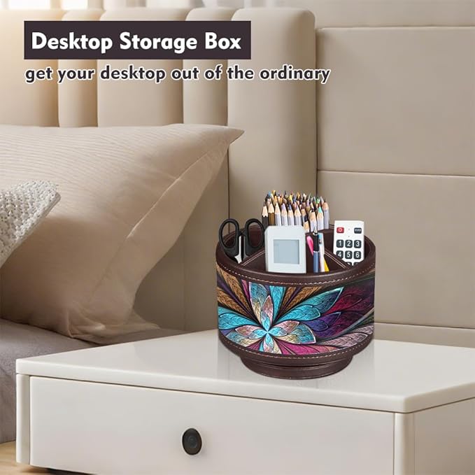 Rotating Pen Holder for Desk, Leather Pencil Pen Organizer Remote Control Holder Table Desktop Nightstand Organizer Caddy Storage, Office Desk Organizers And Accessories 5.5x5.5x4.0 Inch