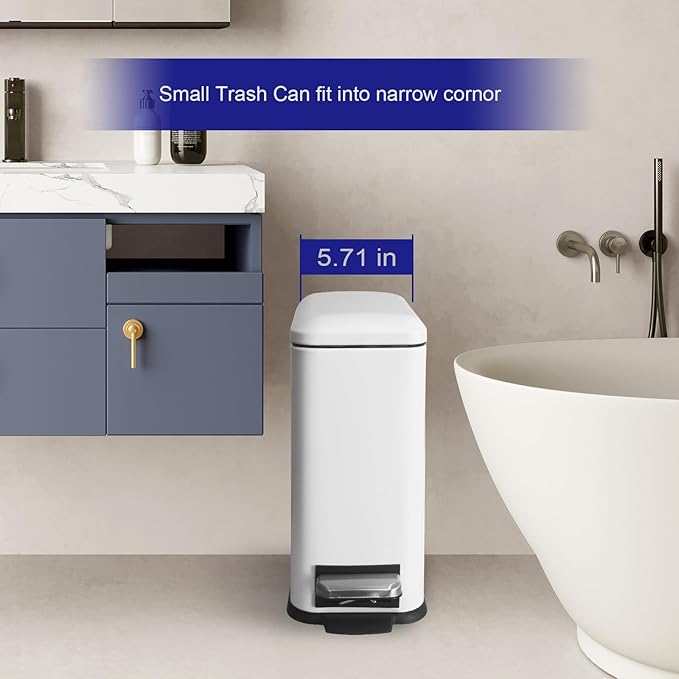Bathroom Trash Can with Lid,5 Liter / 1.3 Gallon Small Trash Can with Removable Liner Bucket, Soft Close lid & Step Pedal, Stainless Steel Trash Bin for Bathroom,Bedroom,Home Office, White