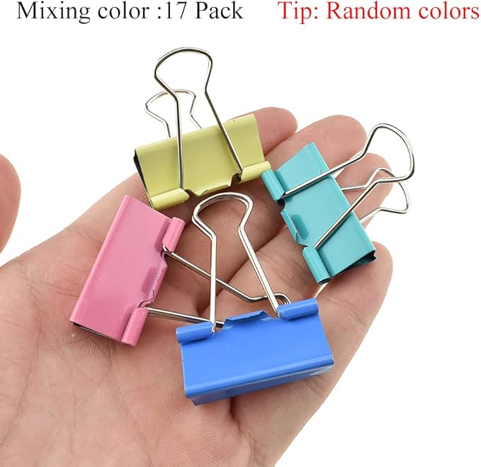 HAHIYO Binder Clips Paper Clamps Spring Steel Sturdy Medium 1.26 inches Width 0.39 Inch Capacity No Sharp Edges Heavy Duty Tight Grip Reusable Color Metal Bright Finish for Home Office School 17 Pack