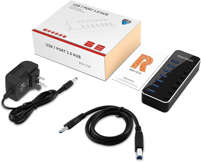 USB 3.0 Hub, RSHTECH 7 Port Powered USB Hub Expander Aluminum USB 3.0 Data Port hub with Universal 5V AC Adapter and Individual On/Off Switches USB Splitter for Laptop and PC(Black)