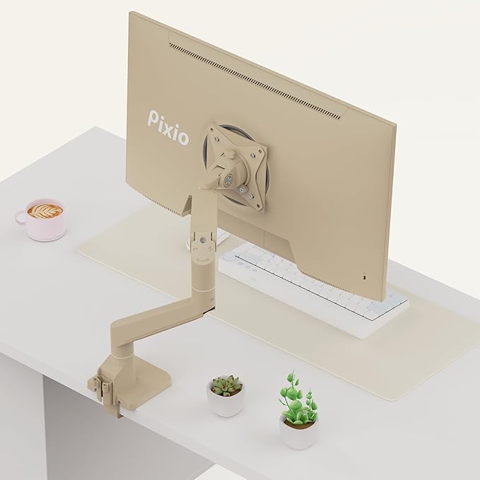 Pixio PS1S Wave Beige Single Monitor Arm Stand Desk Mount - Fits up to 32 inches Monitors and up to 19.8lbs. VESA Compatibility and Integrated Cable Management