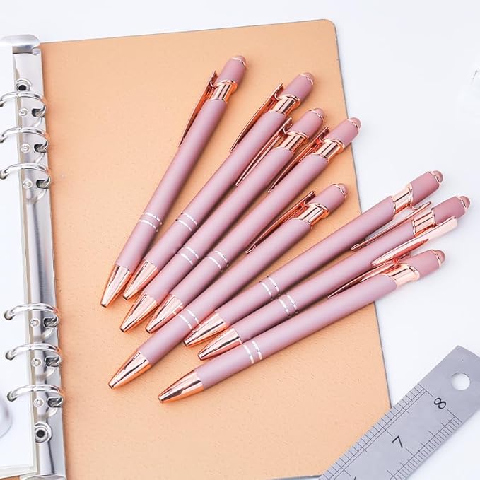 8 Pack Rose Ballpoint Pen with Stylus Tip, Metal Stylus Pens for Touch Screens, 1.0 mm Black Ink