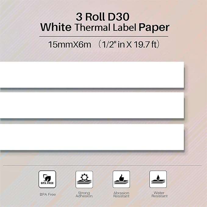 Phomemo Labels-3 Roll D30 Adhesive White Continuous Thermal Label Paper,1/2" X 20 Ft (15mm X 6m) Black on White for D30/D35 Label Maker, for Home,Kitchen,School,Office,Gift,Organization