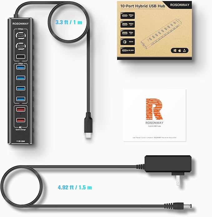 Rosonway 10-Port Powered USB 3.2/USB C Hub 60W with 3x10Gbps USB-3.2 Ports (2C + 1A), 4 USB 3.0 Data Ports, 1 USB-C PD and 2 USB-A Fast Charging Ports, Aluminum USB Splitter for Laptop/PC, RSH-A10QPD