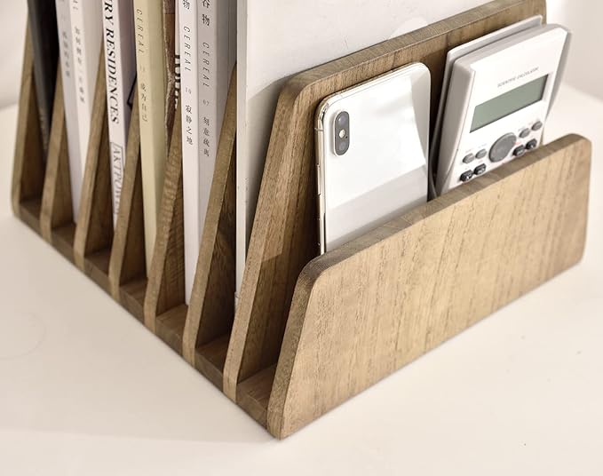 KIRIGEN Wood File Mail Organizer 7 Slots File Paper Holder Desktop Wood Document Letter Holder Organizer for Home Office Brown (7KWJJ-DBR)