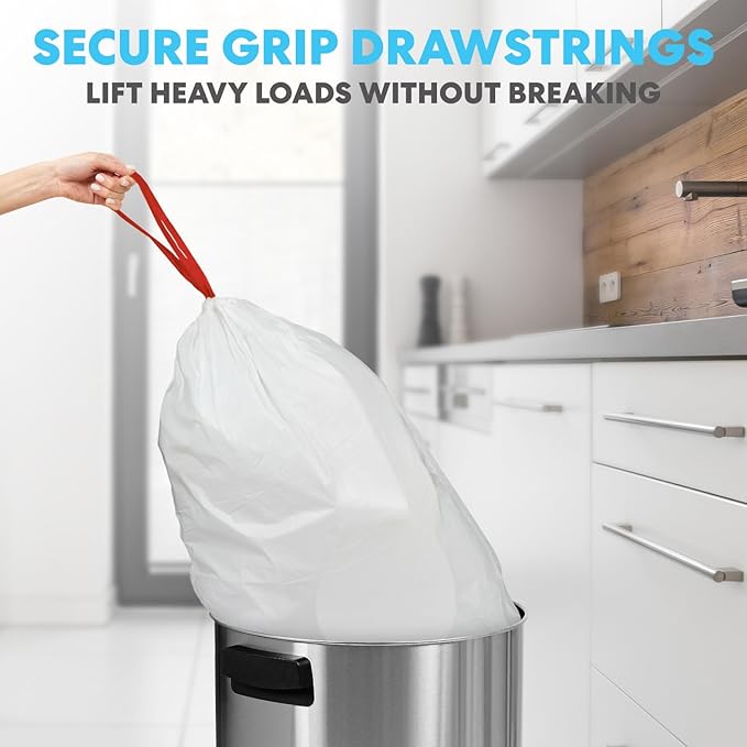SIMPLI-MAGIC 17 Gallon Drawstring Trash Bags, 120 Pack – Tall Kitchen Garbage Bags, Custom Made with Premium Materials (White)