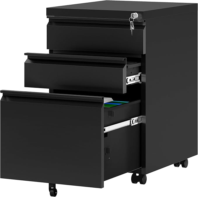 YITAHOME 3 Drawer File Cabinet with Lock, 20” Deep Office Vertical Files, Mobile Metal Filing Cabinet, Metal Vertical Filing Storage Cabinet for Letters/Legal/A4 Size,Black