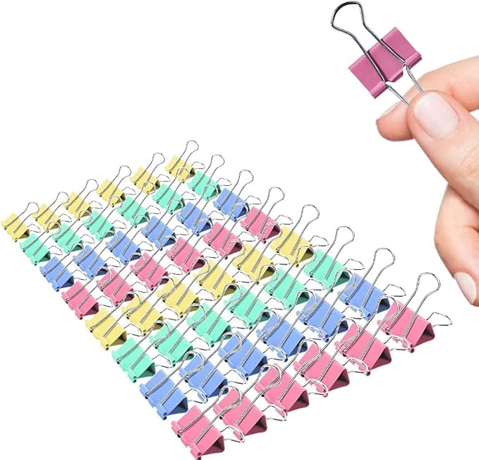 Small Binder Clips, 80 Pack, 3/4 Inch, 0.75 Inch, Standard 19mm, Mulitcolor, Metal Paper Clips, Fold Clamp, Office Clips, with Plastic Container