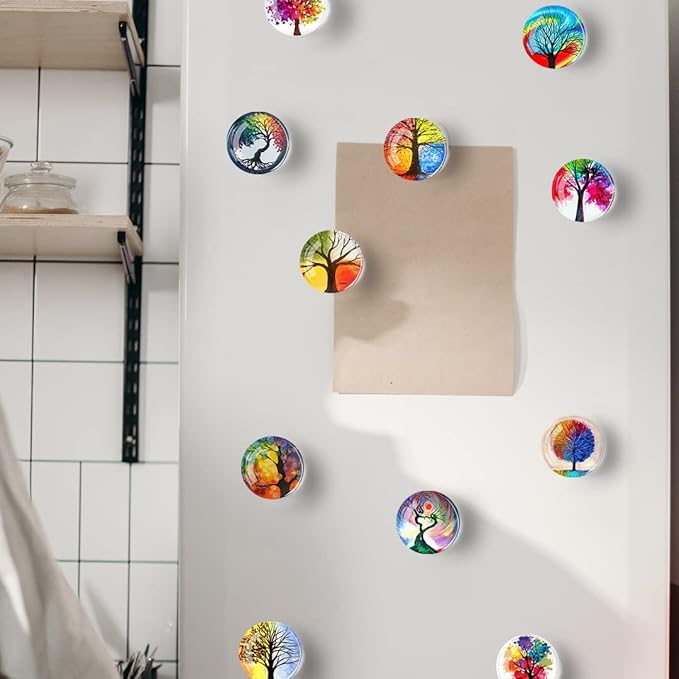 12Pcs Glass Refrigerator Magnet Fridge Sticker,Life Tree Crystal Fridge Magnets Decoration for Crafts,Strong Fridge Magnets for Kitchen, School,Office Whiteboard, Cabinet and Dishwasher (Life Tree)