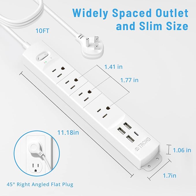 TROND Surge Protector Power Strip with USB, Ultra Thin Flat Plug 10ft Long Extension Cord 1625W, 3 USB A & 1 Type C, 4 AC Outlets 1440J Surge Protection Wall Mount for Home Office Dorm Room, White