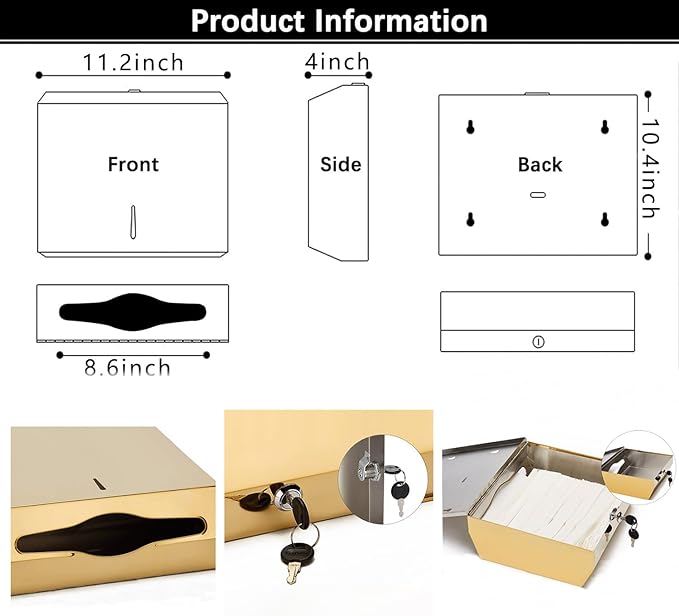 Comercial Paper Towel Dispenser Wall Mount, Stainless Steel Hand Towel Dispenser with Lock, Trifold/C Fold Paper Towel Holder for Bathroom Kitchen Office Public Places, Large Capacity Tissue Holder