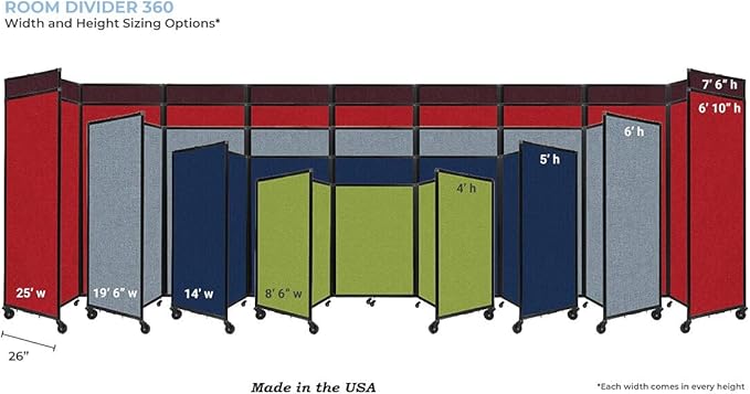 Versare Room Divider 360 Portable Wall Partition | Folding Panels | Large Freestanding Divider | Locking Wheels | Temporary Room Separator | 25' x 7'6'', Papaya