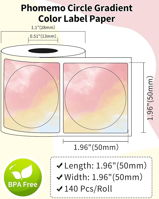 Phomemo Circle Label Compatible with M110/M100/M120/M150/M200/M220/M250 Label Maker, 1.96" x 1.96"(50 x 50 mm) Thermal Round Rainbow Gradient Labels, 1 Rolls/140 Labels