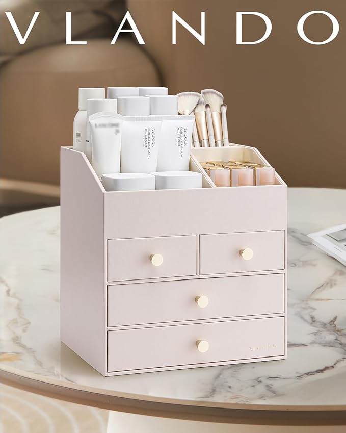 Vlando Makeup Organizer Countertop,Large Vanity Organizer PU Leather Make up Storage with 4 Drawers Skincare Organizer Cosmetic Display Case for Lipstick,Brushes-Apricot White