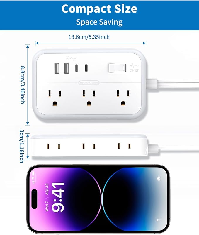 Flat Extension Cord 15 ft, NTONPOWER Surge Protector Power Strip with 6 Widely Outlets 4 USB Ports(2 USB C), Flat Plug, Wall Mounted, Side Outlet Extender for Indoor, Home Office, Dorm Room Essentials