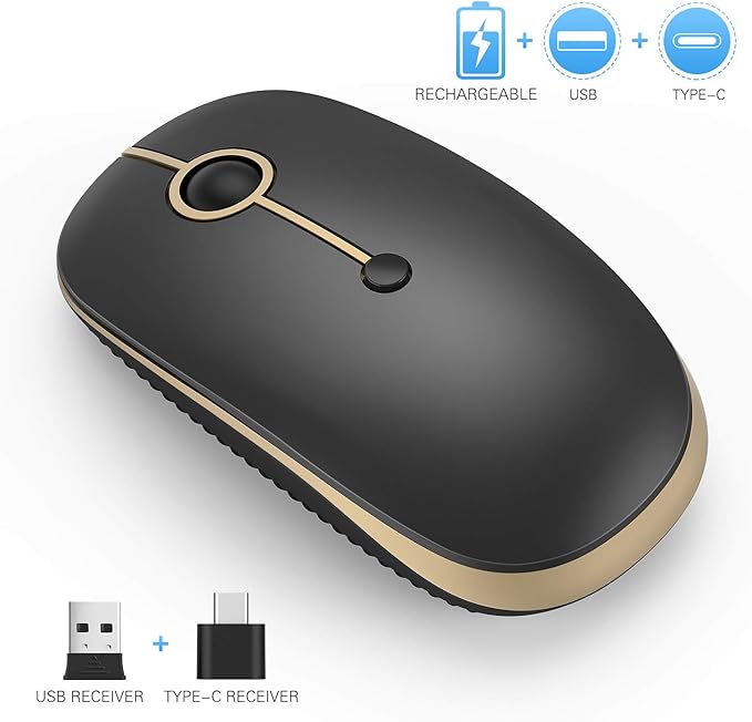 VssoPlor Type C Wireless Mouse USB C Rechargeable Portable Quiet Mouse USB and Type C Receiver Dual Mode Laptop Mouse for PC, Laptop, MacBook, Tablet-Black Gold