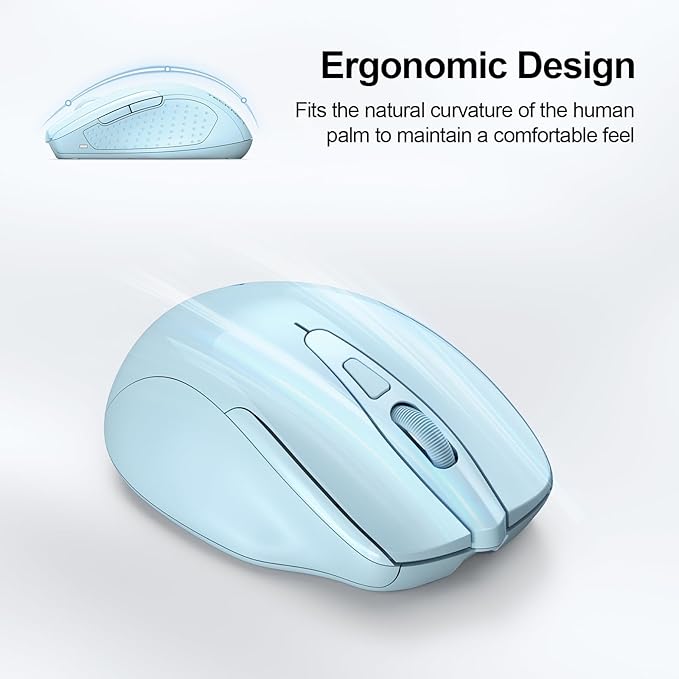 TECKNET Wireless Mouse (BT5.0/3.0 & 2.4G) Rechargeable 4800 DPI Silent USB A & Bluetooth Mouse 6 Buttons, Wide Compatibility - Lightblue