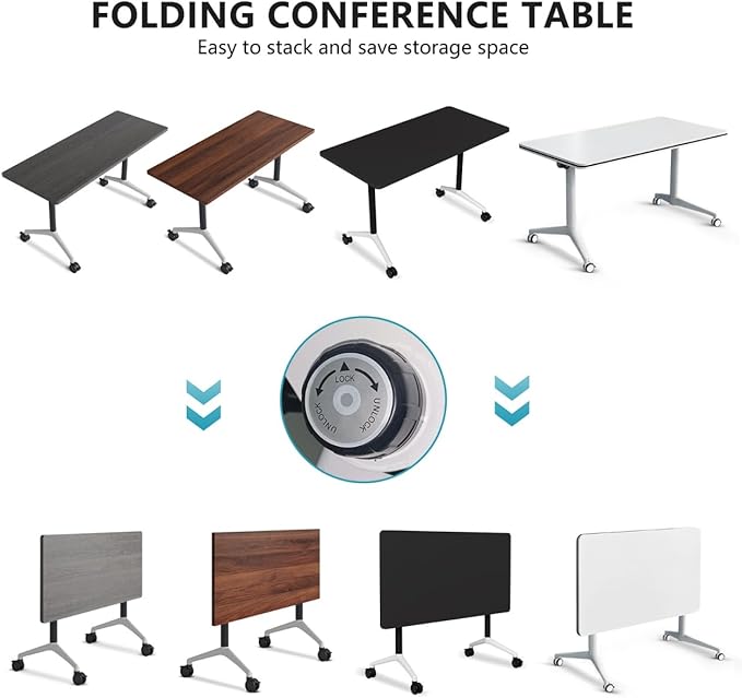 Conference Room Table, Folding Conference Tables,Thicken Grey Tabletop,Flip Top Wooden Seminar Meeting Room Table for Conference Room Offices (6, Black, 55.1”)