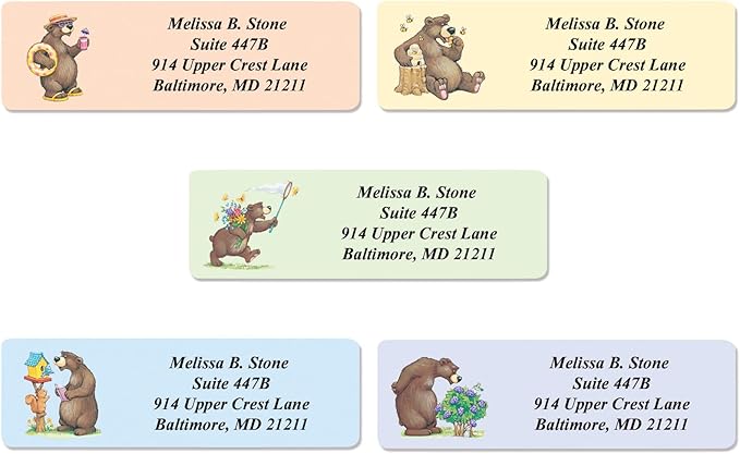 Bears Designer Assorted Rolled Address Labels with Elegant Plastic Dispenser