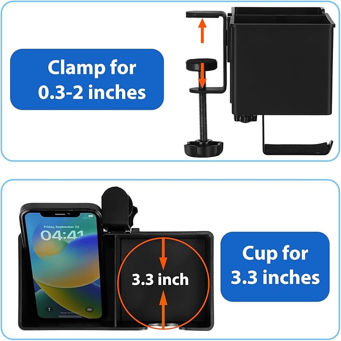 ROSLINE 3-in-1 Clip-on Desk Organizer - Pen, Headphone, and Cup Holder for Expanding Office and Gaming Space (Black)