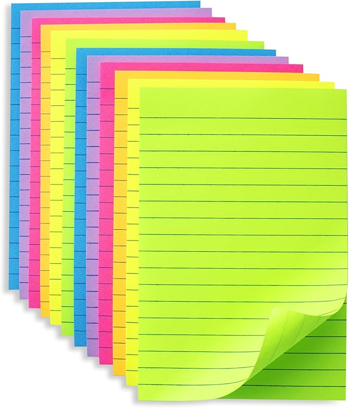 (36 Pack) Lined Sticky Notes 4x6 in Ruled Stickies Super Sticking Power Memo Pads Bright Colors