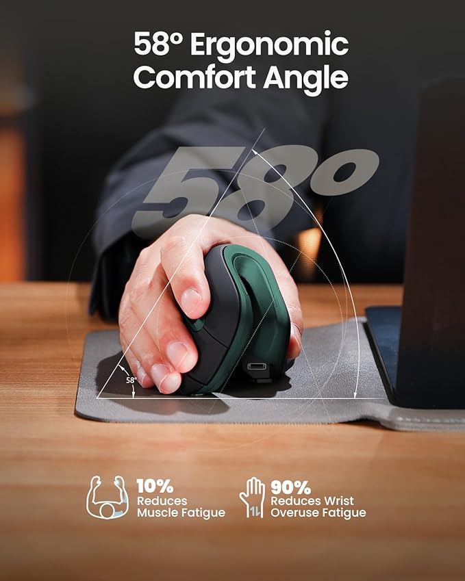 ProtoArc Ergonomic Vertical Mouse, EM11 NL Rechargeable Wireless Mouse Bluetooth, Ergo Mice with 3 Multi-Device for PC/Notebook/Laptop, 2.4GHz Optical Mice for Windows, Mac OS, Green