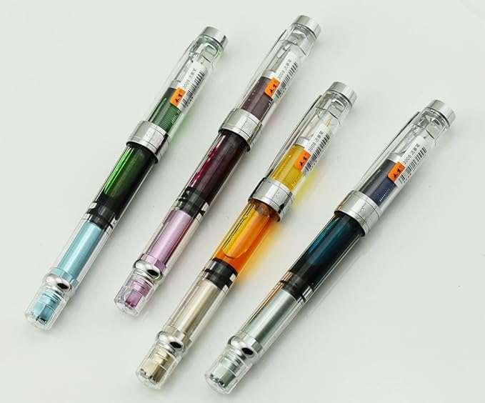 Lanxivi Yongsheng 3008 Piston Fountain Pen EF Extra Fine Nib,Transparent SilverTrim 4 Colors Set