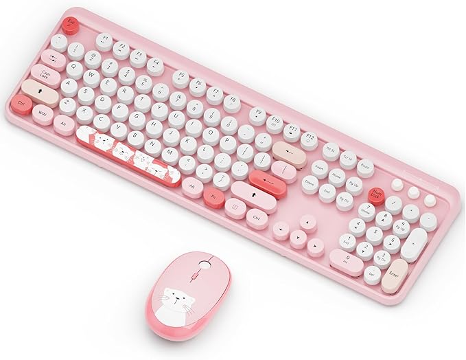 Wireless Keyboard,KOOTOP Cute Colorful 104 Keys Typewriter Retro Round Keycaps Keyboard for PC Laptop,Desktop,Windows, Home and Office Keyboards (Pink)