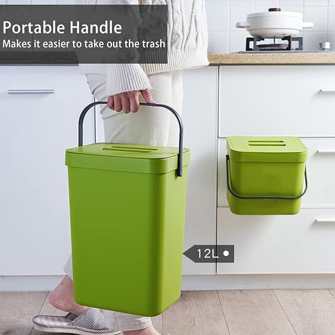 stonespace Small Trash Can with Lid,Mountable Indoor Compost Bucket, Hanging Trash Can with Lid for Cupboard/Bathroom/Bedroom/Office/Camping, 3.2 Gallon/12L Green