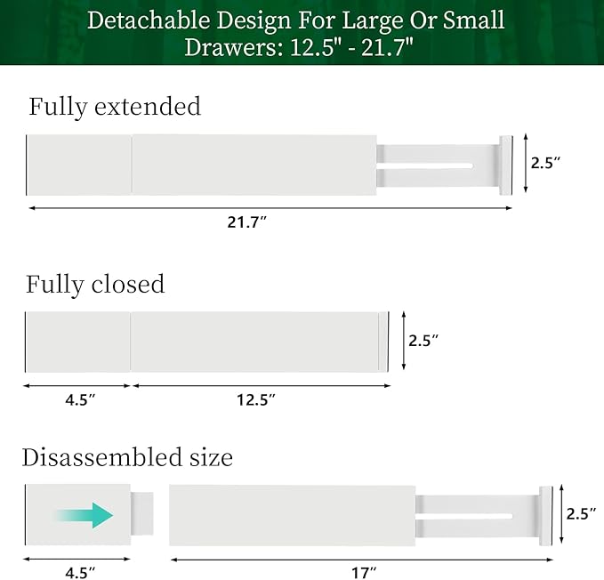 Bamboo Drawer Dividers Organizer with Inserts, Expandable from 12.5-21.7", Adjustable Drawer Organizer Separators for Utensils, Dresser, Bedroom, Bathroom, Closet, Clothing, Office (White)