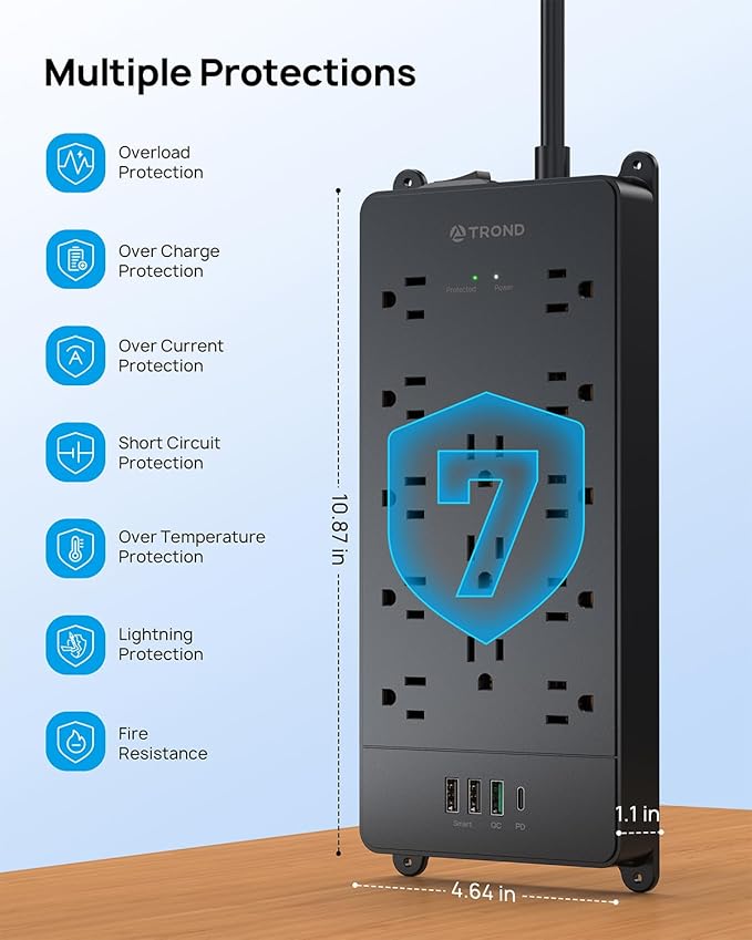 TROND Surge Protector Power Strip, 10ft Heavy Duty Extension Cord with 32W USB C & QC 3.0 Charger, 4000J, ETL Listed, 13 Wide Spaced Outlets, Flat Plug, Wall Mount for Home Office Supplies, Black
